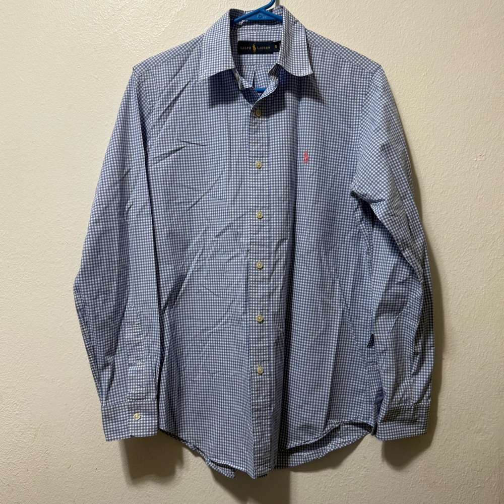 Ralph Lauren Men's Blue Checkered‎ Shirt Size Small Pink Pony Button Down
